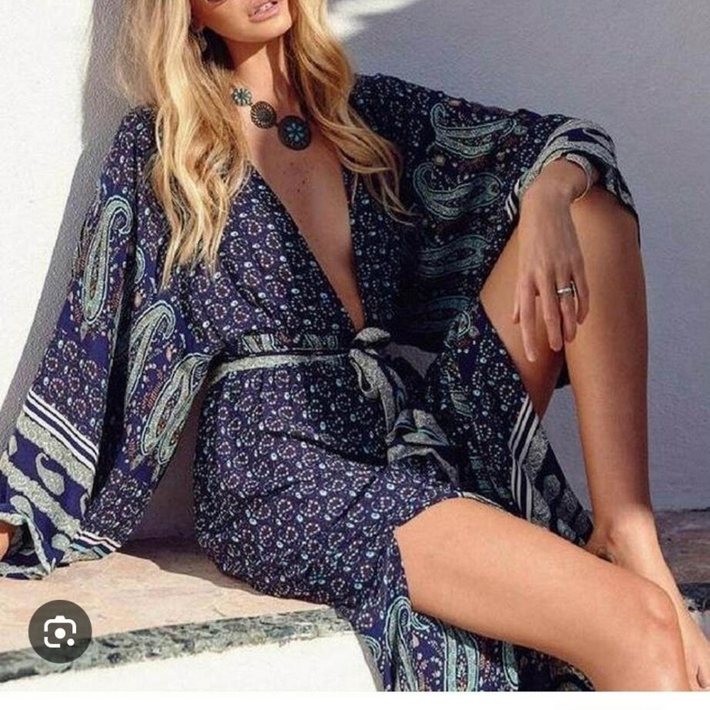 Le Salty Samsara kimono Navy Paisley Wrap Maxi Dress with Belt